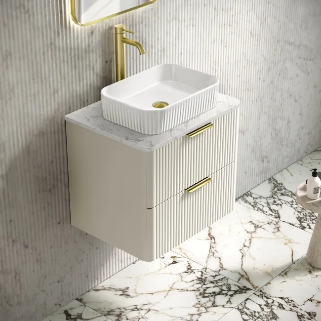 Cadiz Fluted Linen White Wall Hung Drawer Vanity with Marble Top & Reno Basin 600mm - Brushed Brass Accents
