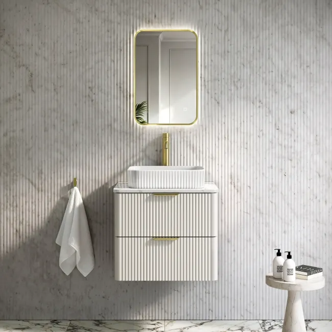 Cadiz Fluted Linen White Wall Hung Drawer Vanity with Marble Top & Reno Basin 600mm - Brushed Brass Accents
