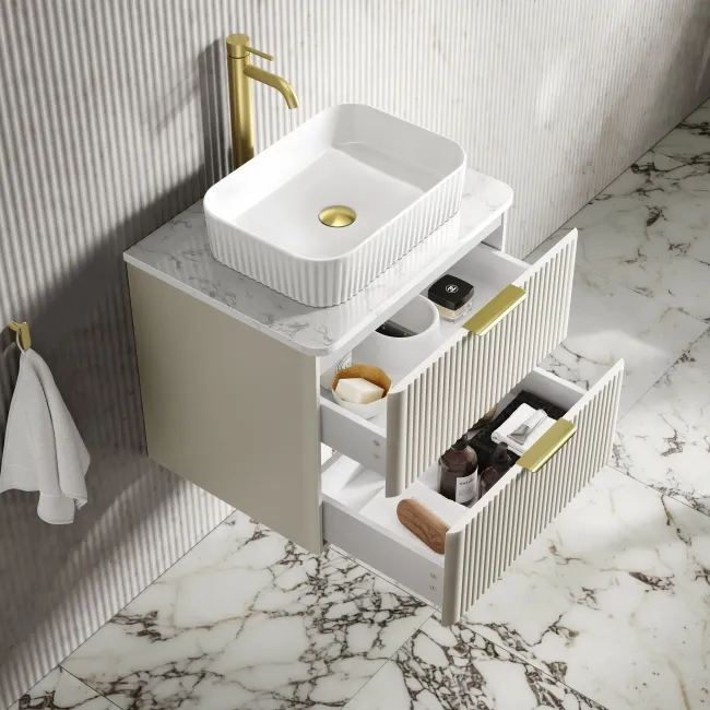 Cadiz Fluted Linen White Wall Hung Drawer Vanity with Marble Top & Reno Basin 600mm - Brushed Brass Accents