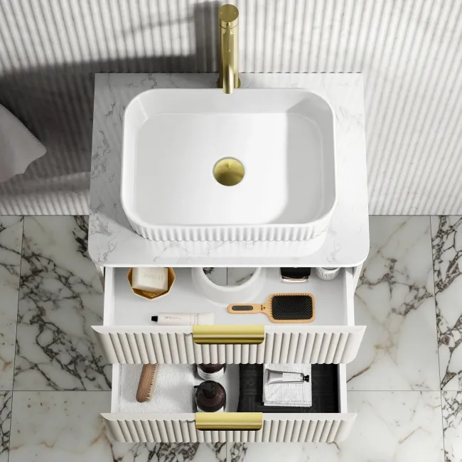 Cadiz Fluted Linen White Wall Hung Drawer Vanity with Marble Top & Reno Basin 600mm - Brushed Brass Accents