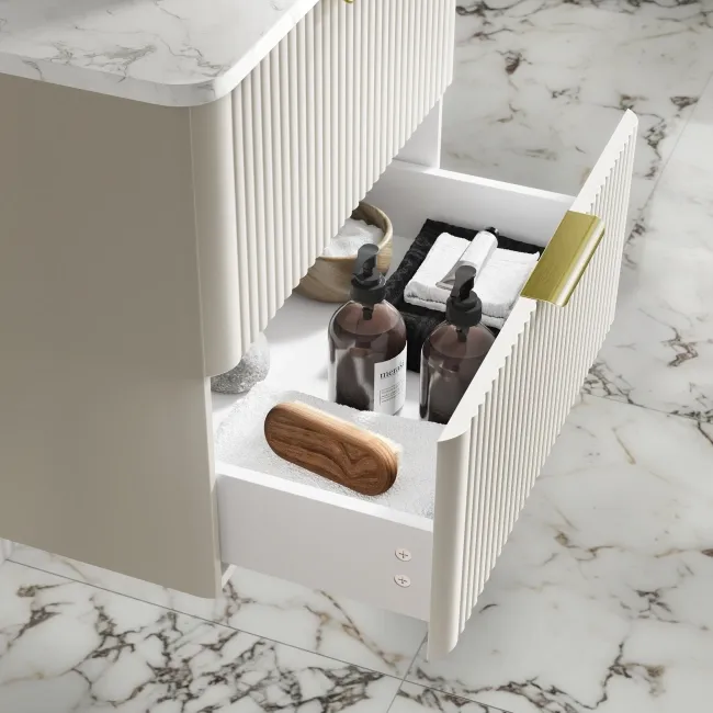 Cadiz Fluted Linen White Wall Hung Drawer Vanity with Marble Top & Reno Basin 600mm - Brushed Brass Accents