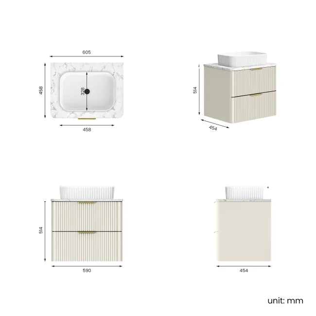 Cadiz Fluted Linen White Wall Hung Drawer Vanity with Marble Top & Reno Basin 600mm - Brushed Brass Accents