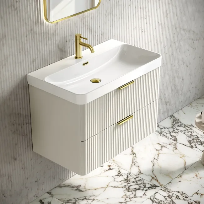 Cadiz Fluted Linen White Wall Hung Basin Drawer Vanity 800mm - Brushed Brass Accents