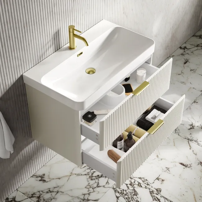 Cadiz Fluted Linen White Wall Hung Basin Drawer Vanity 800mm - Brushed Brass Accents