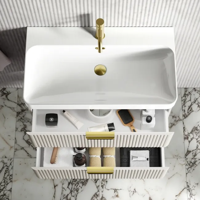 Cadiz Fluted Linen White Wall Hung Basin Drawer Vanity 800mm - Brushed Brass Accents