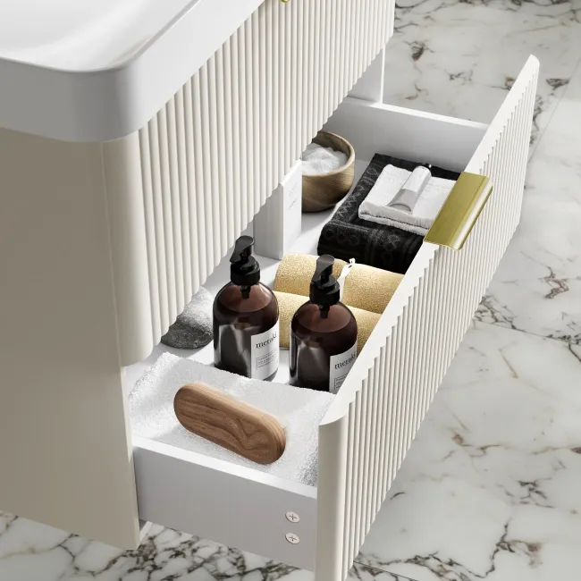 Cadiz Fluted Linen White Wall Hung Basin Drawer Vanity 800mm - Brushed Brass Accents