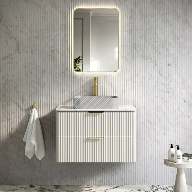 Cadiz Fluted Linen White Wall Hung Drawer Vanity with Marble Top 800mm (Excludes Basin) - Brushed Brass Accents