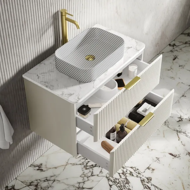 Cadiz Fluted Linen White Wall Hung Drawer Vanity with Marble Top 800mm (Excludes Basin) - Brushed Brass Accents