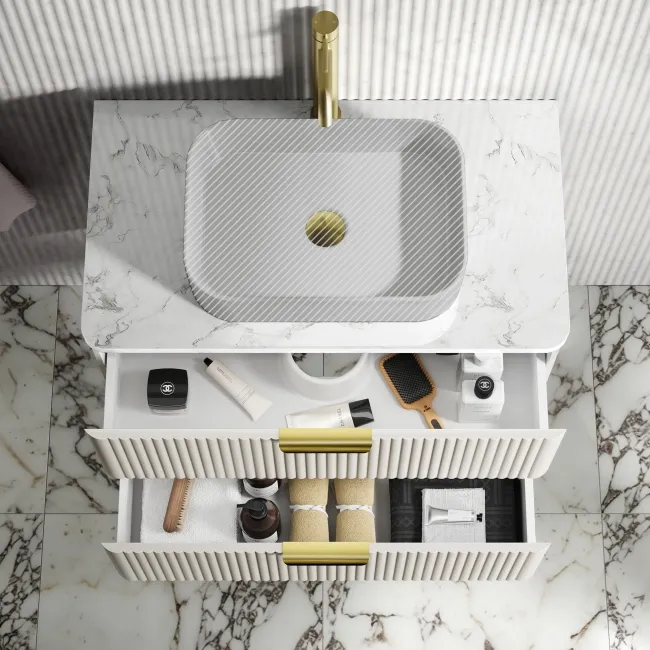Cadiz Fluted Linen White Wall Hung Drawer Vanity with Marble Top 800mm (Excludes Basin) - Brushed Brass Accents