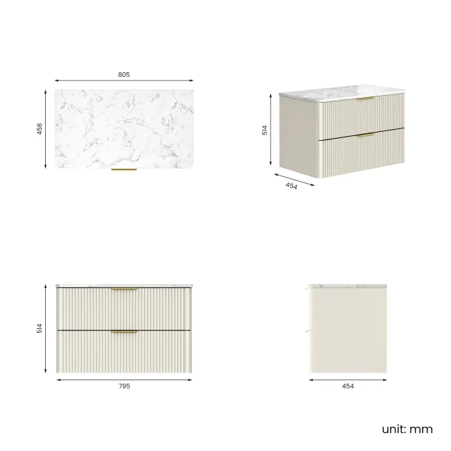 Cadiz Fluted Linen White Wall Hung Drawer Vanity with Marble Top 800mm (Excludes Basin) - Brushed Brass Accents