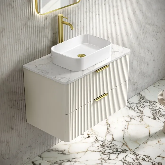 Cadiz Fluted Linen White Wall Hung Drawer Vanity with Marble Top & Marin Basin 800mm - Brushed Brass Accents