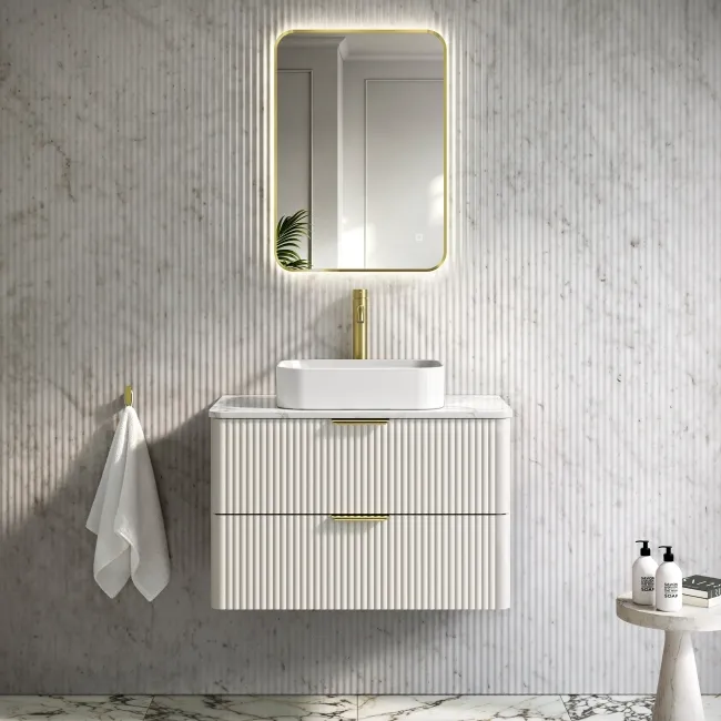 Cadiz Fluted Linen White Wall Hung Drawer Vanity with Marble Top & Marin Basin 800mm - Brushed Brass Accents