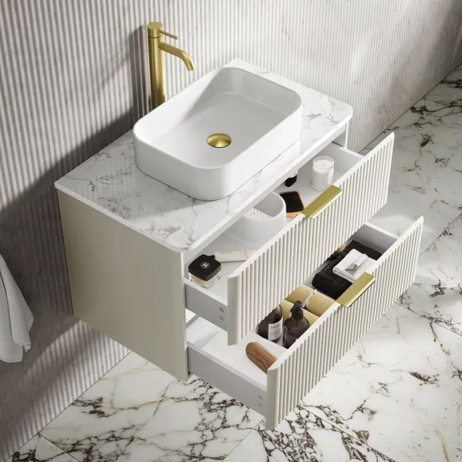 Cadiz Fluted Linen White Wall Hung Drawer Vanity with Marble Top & Marin Basin 800mm - Brushed Brass Accents