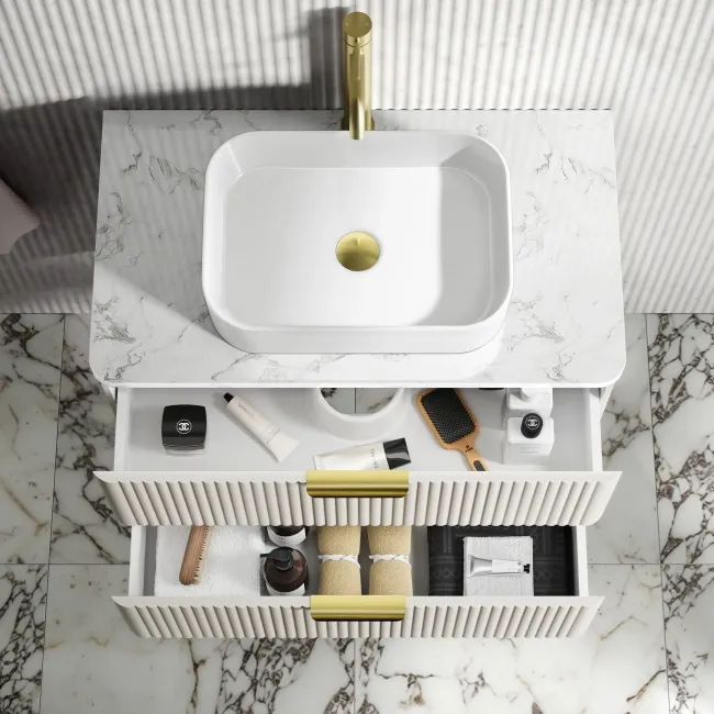Cadiz Fluted Linen White Wall Hung Drawer Vanity with Marble Top & Marin Basin 800mm - Brushed Brass Accents