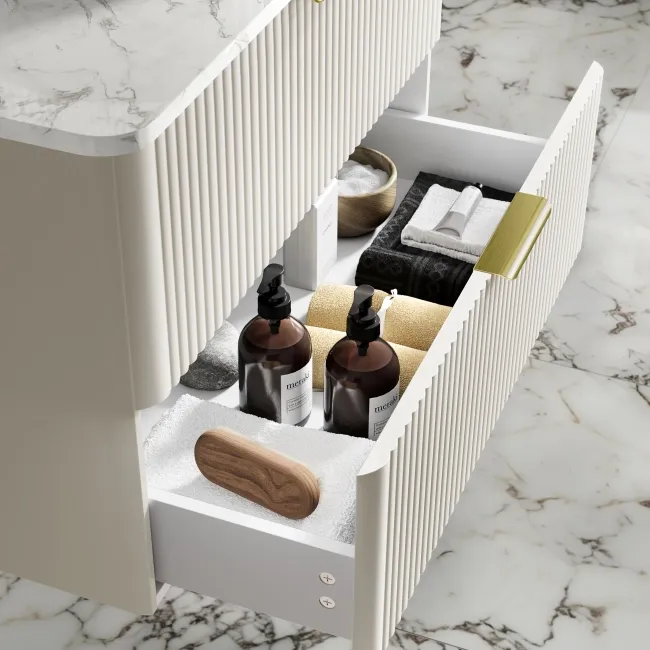 Cadiz Fluted Linen White Wall Hung Drawer Vanity with Marble Top & Marin Basin 800mm - Brushed Brass Accents