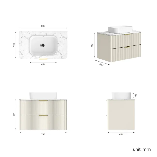 Cadiz Fluted Linen White Wall Hung Drawer Vanity with Marble Top & Marin Basin 800mm - Brushed Brass Accents