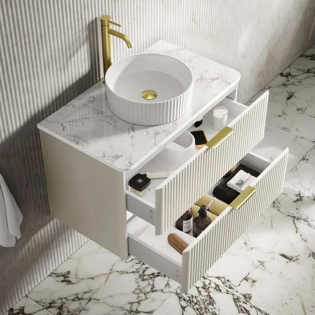 Cadiz Fluted Linen White Wall Hung Drawer Vanity with Marble Top & Nevis Basin 800mm - Brushed Brass Accents