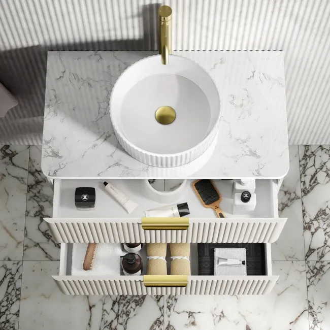 Cadiz Fluted Linen White Wall Hung Drawer Vanity with Marble Top & Nevis Basin 800mm - Brushed Brass Accents