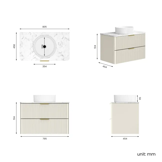 Cadiz Fluted Linen White Wall Hung Drawer Vanity with Marble Top & Nevis Basin 800mm - Brushed Brass Accents