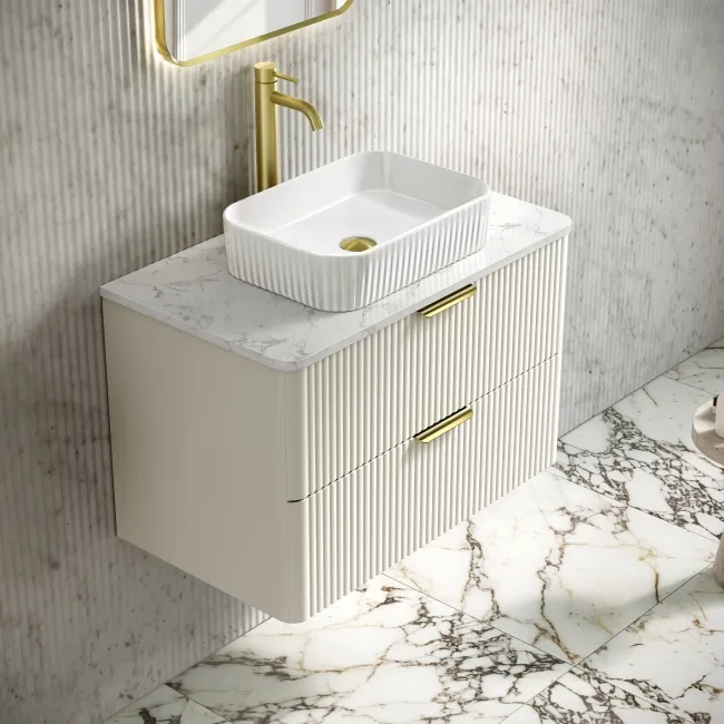 Cadiz Fluted Linen White Wall Hung Drawer Vanity with Marble Top & Reno Basin 800mm - Brushed Brass Accents