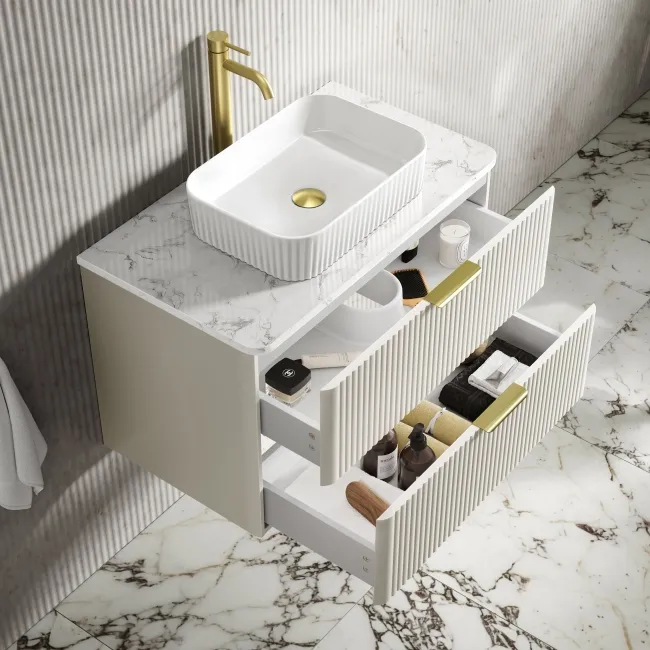 Cadiz Fluted Linen White Wall Hung Drawer Vanity with Marble Top & Reno Basin 800mm - Brushed Brass Accents