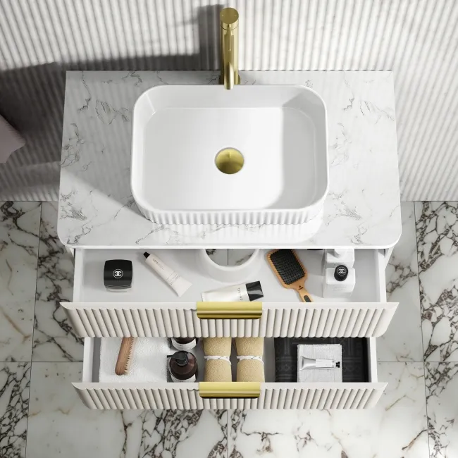Cadiz Fluted Linen White Wall Hung Drawer Vanity with Marble Top & Reno Basin 800mm - Brushed Brass Accents