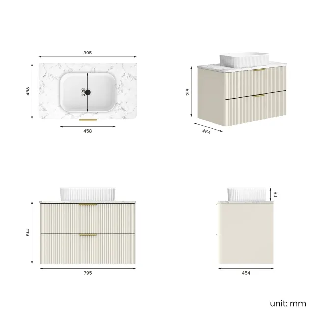 Cadiz Fluted Linen White Wall Hung Drawer Vanity with Marble Top & Reno Basin 800mm - Brushed Brass Accents