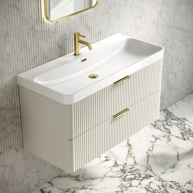 Cadiz Fluted Linen White Wall Hung Basin Drawer Vanity 1000mm - Brushed Brass Accents