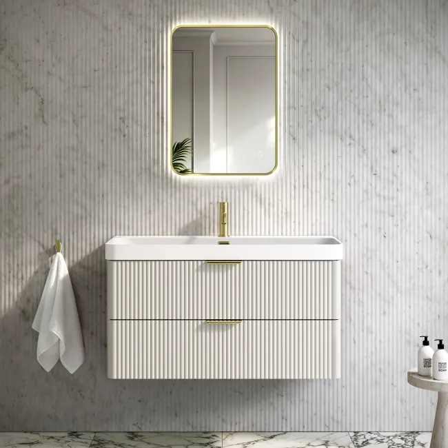 Cadiz Fluted Linen White Wall Hung Basin Drawer Vanity 1000mm - Brushed Brass Accents