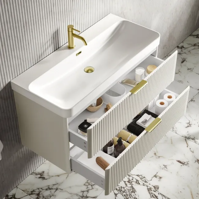 Cadiz Fluted Linen White Wall Hung Basin Drawer Vanity 1000mm - Brushed Brass Accents
