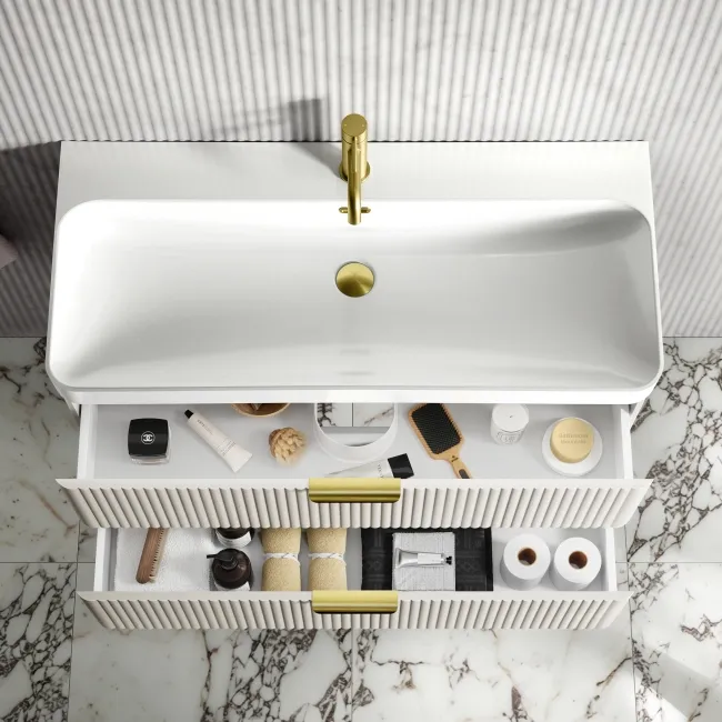 Cadiz Fluted Linen White Wall Hung Basin Drawer Vanity 1000mm - Brushed Brass Accents