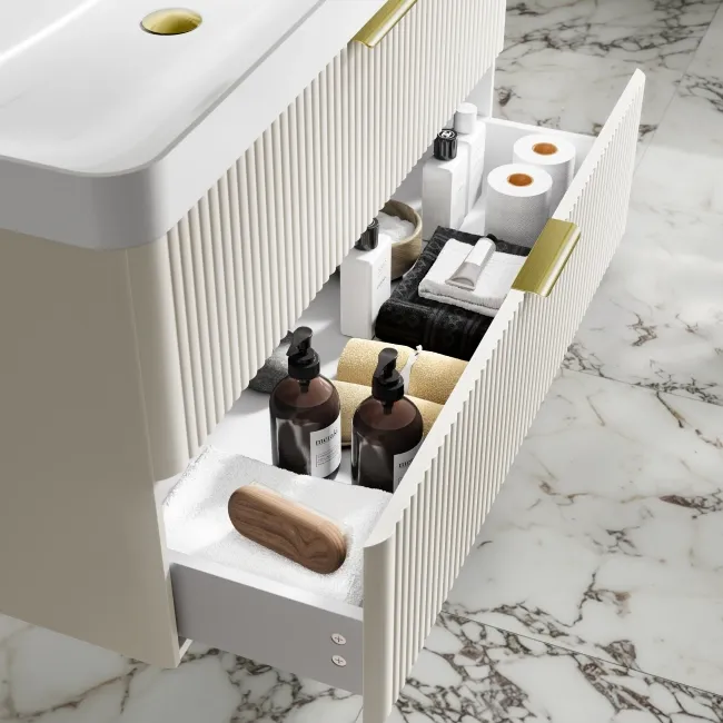 Cadiz Fluted Linen White Wall Hung Basin Drawer Vanity 1000mm - Brushed Brass Accents