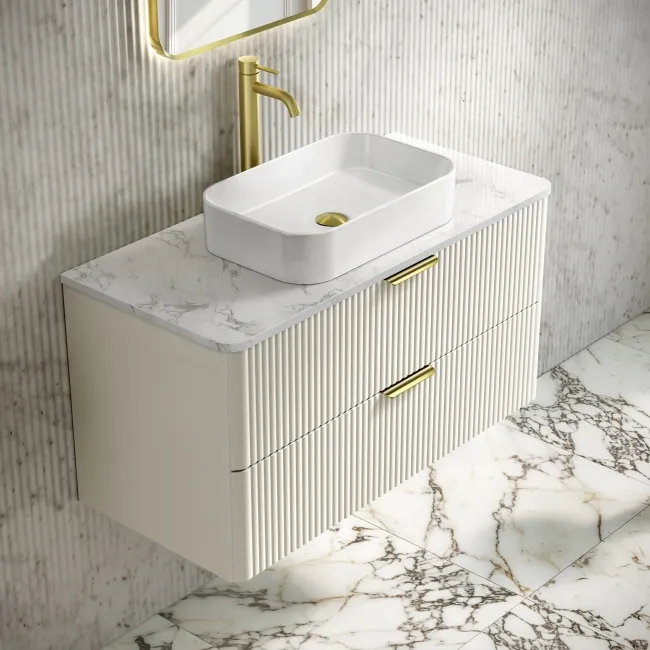 Cadiz Fluted Linen White Wall Hung Drawer Vanity with Marble Top 1000mm (Excludes Basin) - Brushed Brass Accents