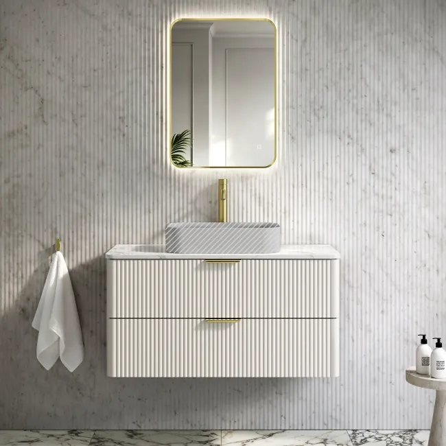 Cadiz Fluted Linen White Wall Hung Drawer Vanity with Marble Top 1000mm (Excludes Basin) - Brushed Brass Accents
