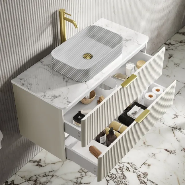 Cadiz Fluted Linen White Wall Hung Drawer Vanity with Marble Top 1000mm (Excludes Basin) - Brushed Brass Accents
