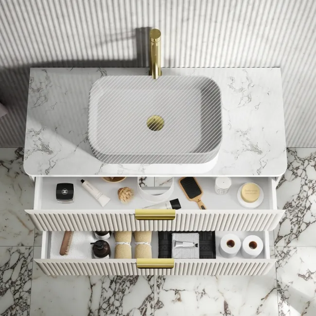 Cadiz Fluted Linen White Wall Hung Drawer Vanity with Marble Top 1000mm (Excludes Basin) - Brushed Brass Accents