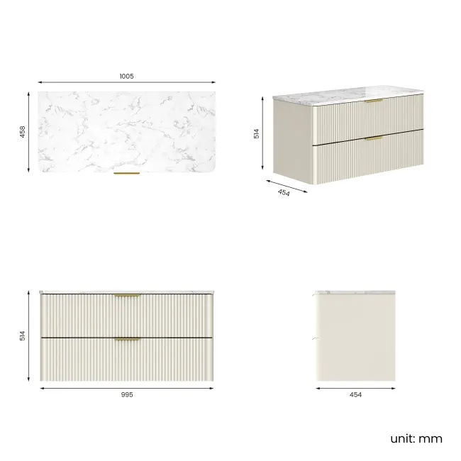 Cadiz Fluted Linen White Wall Hung Drawer Vanity with Marble Top 1000mm (Excludes Basin) - Brushed Brass Accents