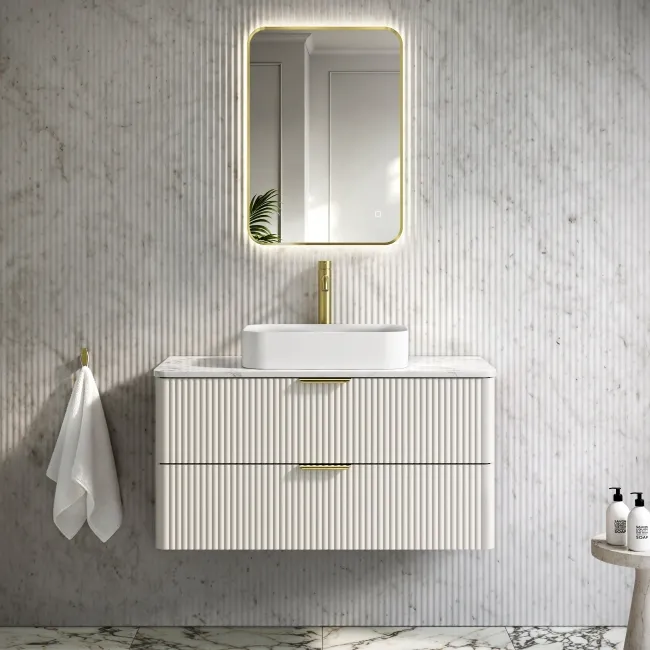 Cadiz Fluted Linen White Wall Hung Drawer Vanity with Marble Top & Marin Basin 1000mm - Brushed Brass Accents