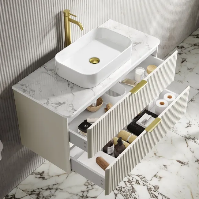 Cadiz Fluted Linen White Wall Hung Drawer Vanity with Marble Top & Marin Basin 1000mm - Brushed Brass Accents