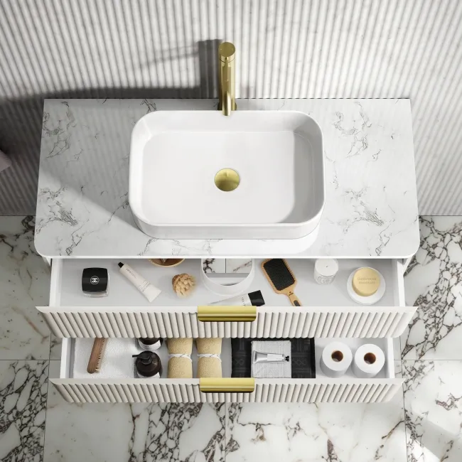Cadiz Fluted Linen White Wall Hung Drawer Vanity with Marble Top & Marin Basin 1000mm - Brushed Brass Accents