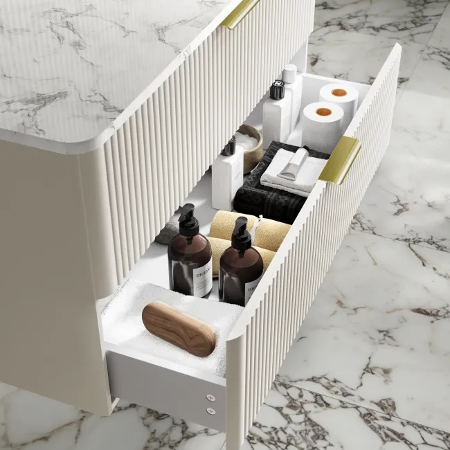 Cadiz Fluted Linen White Wall Hung Drawer Vanity with Marble Top & Marin Basin 1000mm - Brushed Brass Accents