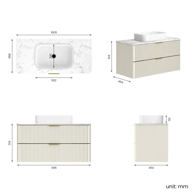 Cadiz Fluted Linen White Wall Hung Drawer Vanity with Marble Top & Marin Basin 1000mm - Brushed Brass Accents