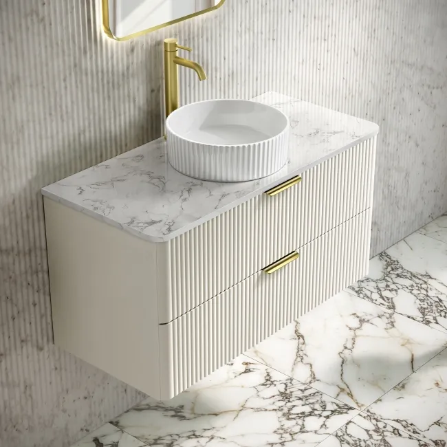Cadiz Fluted Linen White Wall Hung Drawer Vanity with Marble Top & Nevis Basin 1000mm - Brushed Brass Accents