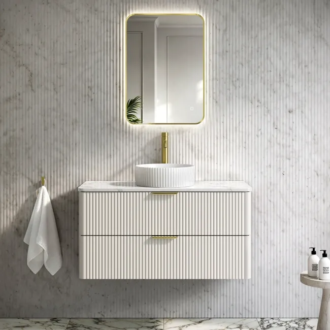 Cadiz Fluted Linen White Wall Hung Drawer Vanity with Marble Top & Nevis Basin 1000mm - Brushed Brass Accents