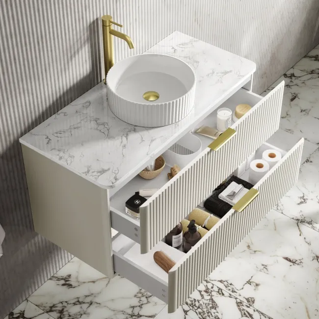 Cadiz Fluted Linen White Wall Hung Drawer Vanity with Marble Top & Nevis Basin 1000mm - Brushed Brass Accents