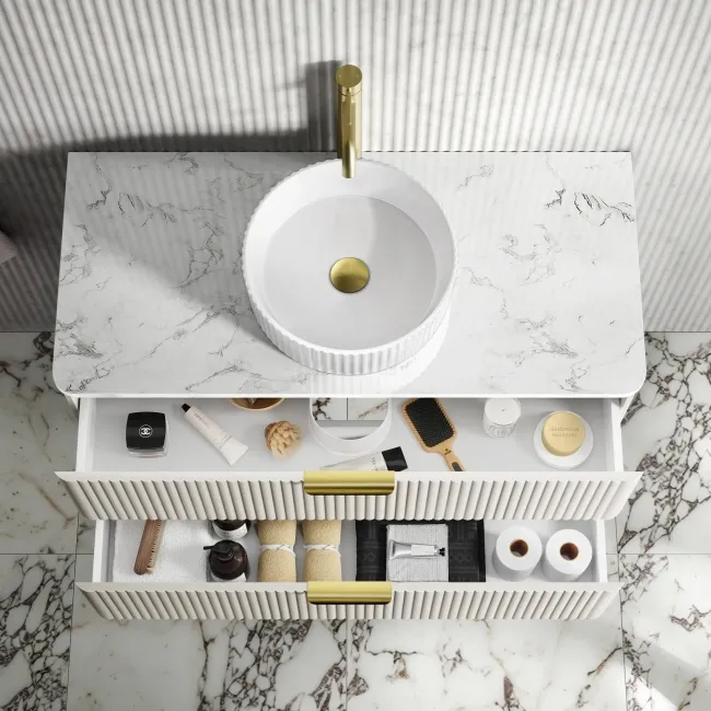 Cadiz Fluted Linen White Wall Hung Drawer Vanity with Marble Top & Nevis Basin 1000mm - Brushed Brass Accents