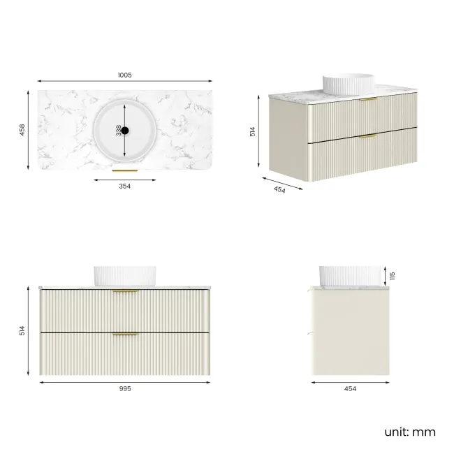 Cadiz Fluted Linen White Wall Hung Drawer Vanity with Marble Top & Nevis Basin 1000mm - Brushed Brass Accents