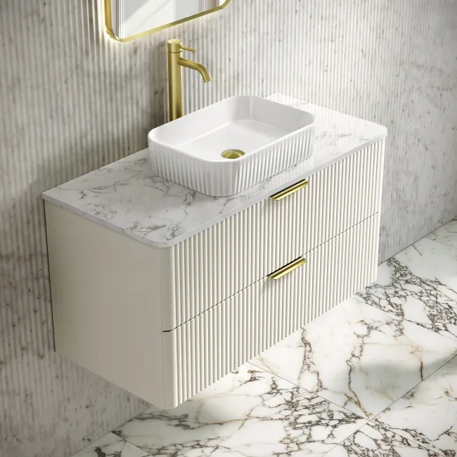 Cadiz Fluted Linen White Wall Hung Drawer Vanity with Marble Top & Reno Basin 1000mm - Brushed Brass Accents