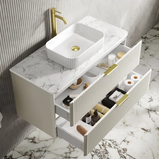 Cadiz Fluted Linen White Wall Hung Drawer Vanity with Marble Top & Reno Basin 1000mm - Brushed Brass Accents