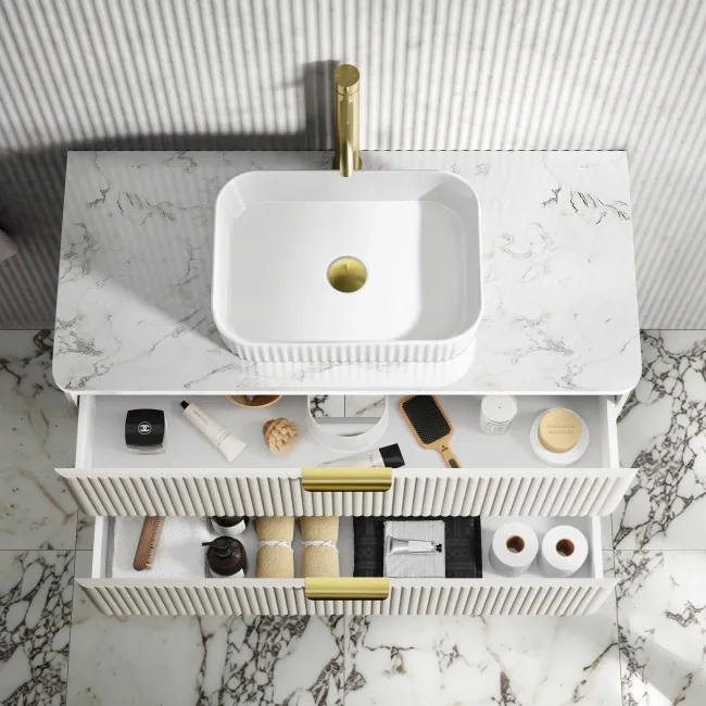Cadiz Fluted Linen White Wall Hung Drawer Vanity with Marble Top & Reno Basin 1000mm - Brushed Brass Accents